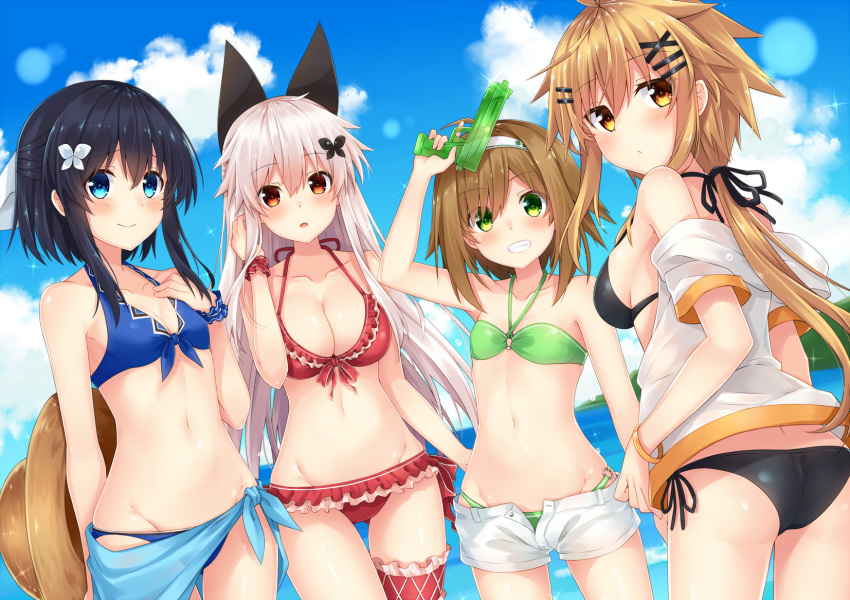arm_up ass bangs bare_arms bare_shoulders bikini black_bikini black_hair blonde_hair blue_bikini blue_eyes blue_sky blush bracelet breasts brown_eyes brown_hair butterfly_hair_ornament cleavage closed_mouth cloud collarbone commentary_request day dutch_angle etna_(kuzuyu) eyebrows_visible_through_hair frilled_bikini frills front-tie_bikini front-tie_top green_bikini green_eyes grin groin hair_between_eyes hair_ornament hair_ribbon hairclip halter_top halterneck haru_(komori_kuzuya) hat hat_removed headwear_removed highres holding horizon jacket jewelry komori_kuzuyu leg_garter light_brown_hair long_hair looking_at_viewer looking_back medium_breasts multiple_girls nao_(kuzuya) navel o-ring o-ring_bikini o-ring_bottom o-ring_top ocean off_shoulder open_clothes open_mouth open_shirt original outdoors parted_lips red_bikini red_eyes ribbon rivier_(kuzuyu) sarong short_hair short_shorts shorts side-tie_bikini silver_hair skindentation sky small_breasts smile standing swimsuit swimsuit_under_clothes thigh_gap trigger_discipline water water_gun wet wet_clothes x_hair_ornament