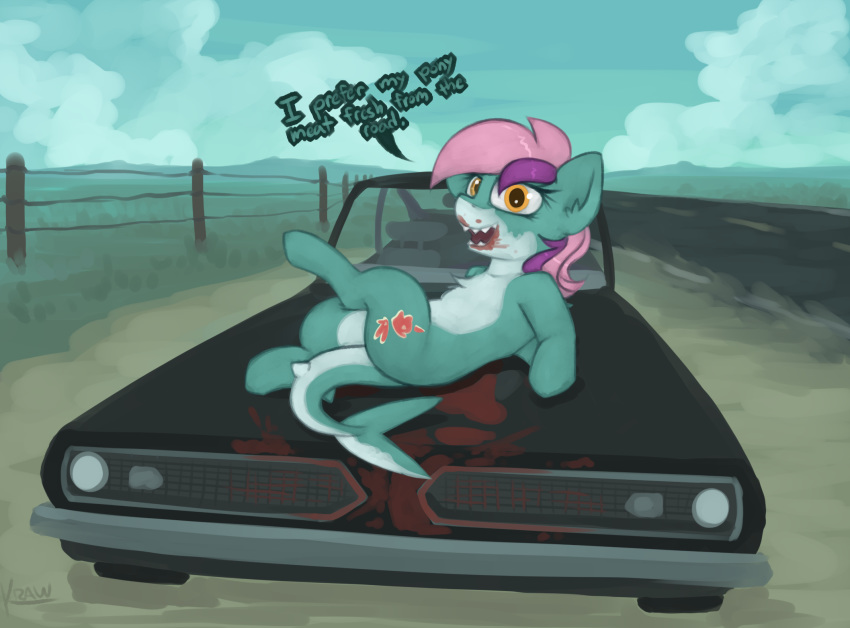 2018 amber_eyes blood blue_fur car cloud day detailed_background dialogue english_text equine fan_character female fence feral fur hair hooves implied_death lying mammal marine marsminer multicolored_fur multicolored_hair my_little_pony on_back open_mouth outside pink_hair purple_hair road shark_pony sharp_teeth signature sky solo talking_to_viewer teeth text two_tone_fur two_tone_hair vehicle white_fur