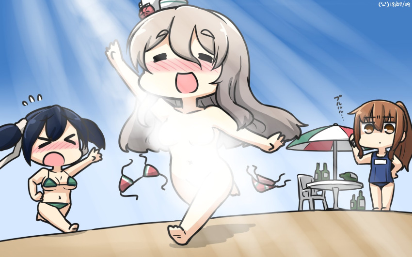 &gt;_&lt; alcohol beach bikini bikini_removed black_hair blush bottle breasts brown_eyes brown_hair chair chibi closed_eyes commentary dated eyebrows_visible_through_hair facing_viewer fumizuki_(kantai_collection) grey_hair hair_between_eyes hamu_koutarou highres kantai_collection light_censor long_hair multiple_girls nose_blush nude one-piece_swimsuit open_mouth outdoors phone pola_(kantai_collection) ponytail running school_swimsuit sky souryuu_(kantai_collection) sunlight swimsuit table twintails umbrella undressing