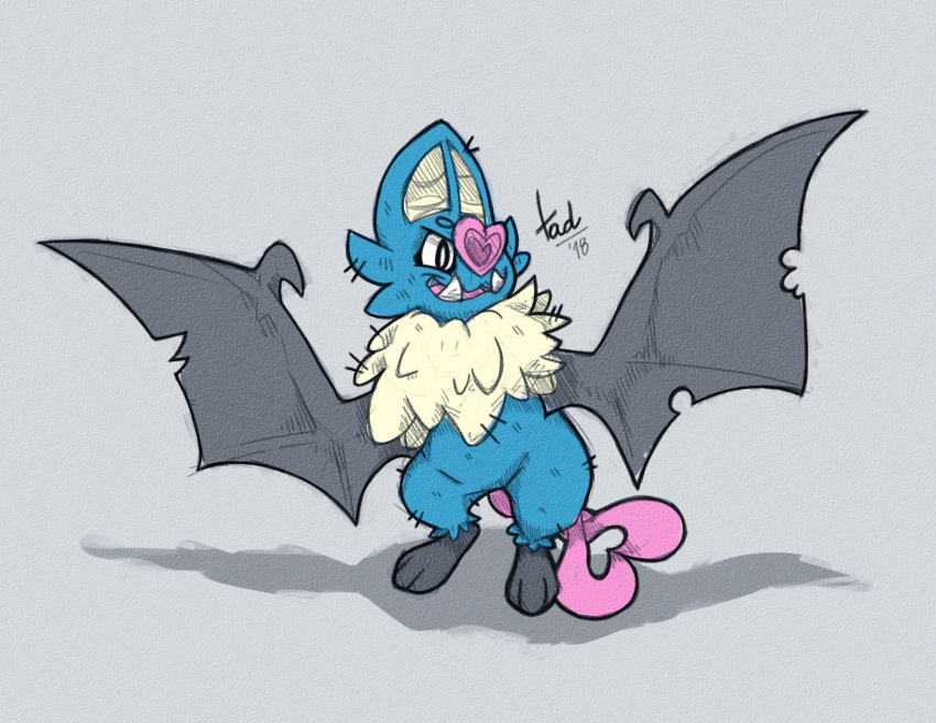 2018 ambiguous_gender bat big_ears black_wings colored digital_media_(artwork) fangs happy heart_nose heart_tail hi_res mammal neck_fur nintendo pinup pok&eacute;mon pok&eacute;mon_(species) pose shaded simple_background sketch solo standing swoobat tad video_games wings