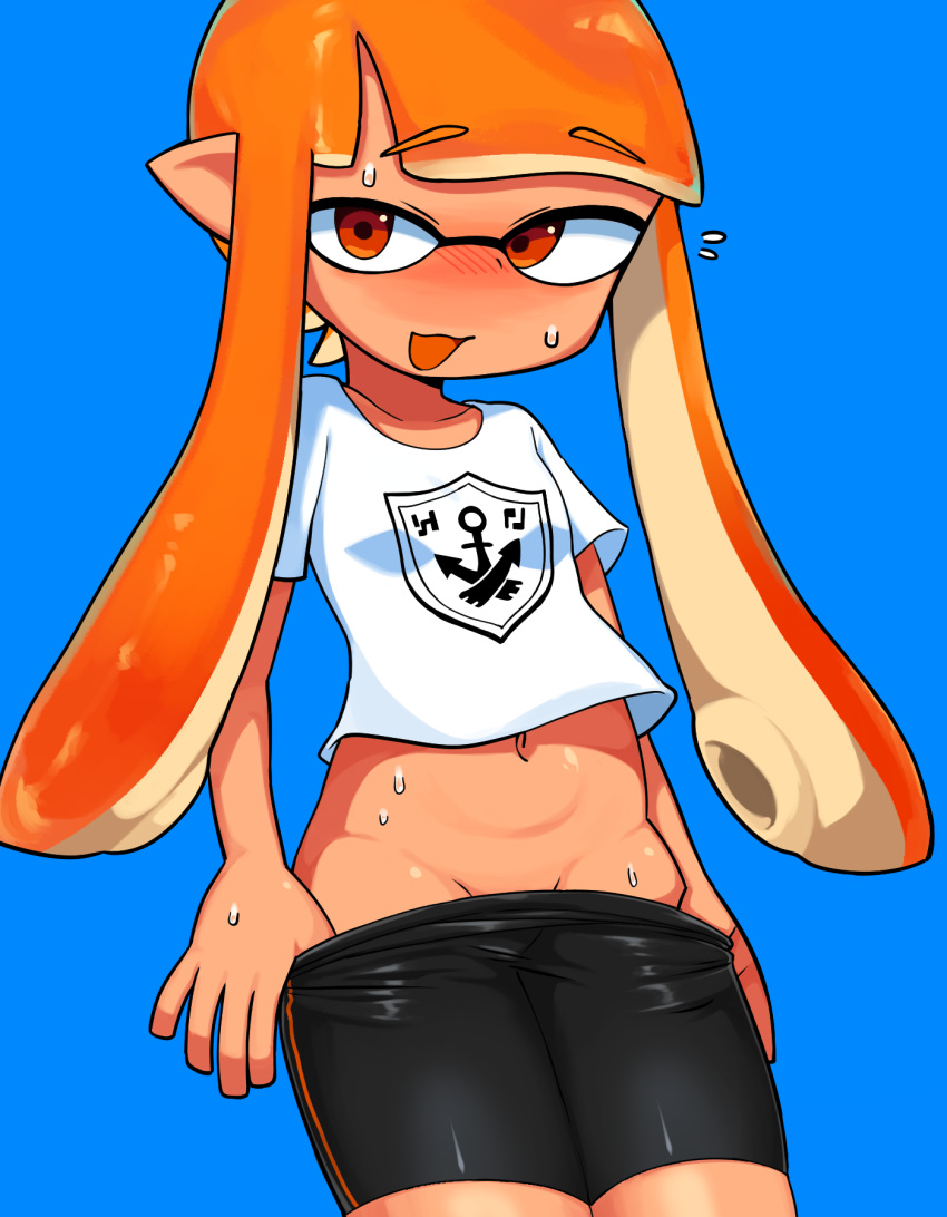 :d anchor_symbol bangs bare_arms bike_shorts blue_background blunt_bangs blush collarbone commentary crop_top domino_mask eyebrows_visible_through_hair groin highres inkling lkll long_hair looking_at_viewer mask navel nose_blush open_mouth orange_eyes orange_hair shirt short_sleeves shorts shorts_pull smile solo splatoon_(series) splatoon_1 suction_cups sweat t-shirt tentacle_hair white_shirt