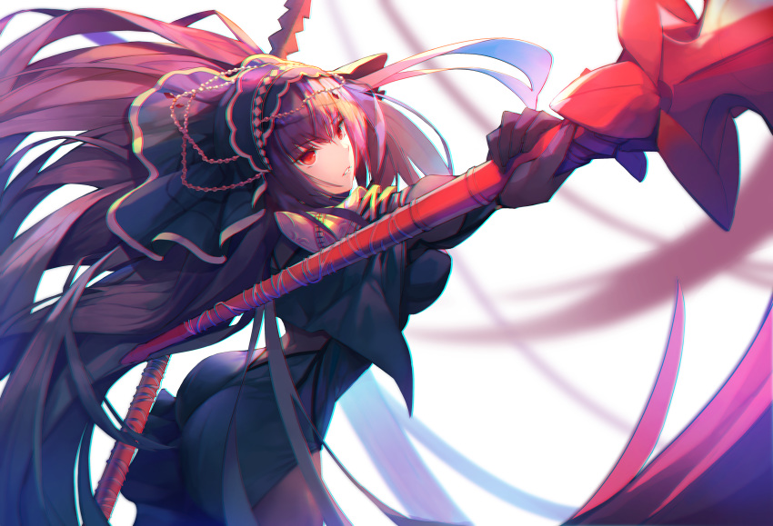 ass bodysuit breasts chromatic_aberration fate/grand_order fate_(series) gae_bolg highres holding holding_weapon long_hair munseonghwa pauldrons polearm purple_bodysuit purple_hair red_eyes scathach_(fate)_(all) scathach_(fate/grand_order) shoulder_armor spear veil very_long_hair weapon