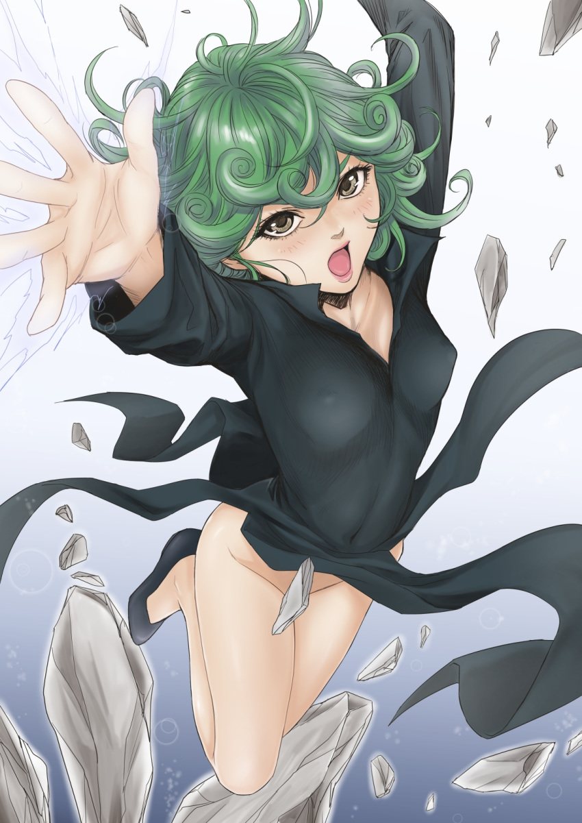 black_dress black_footwear blush bottomless breasts brown_eyes convenient_censoring covered_nipples curly_hair dress flying from_above gradient gradient_background green_hair highres looking_at_viewer no_panties one-punch_man open_mouth redlight shoes short_hair simple_background small_breasts solo source_request tatsumaki