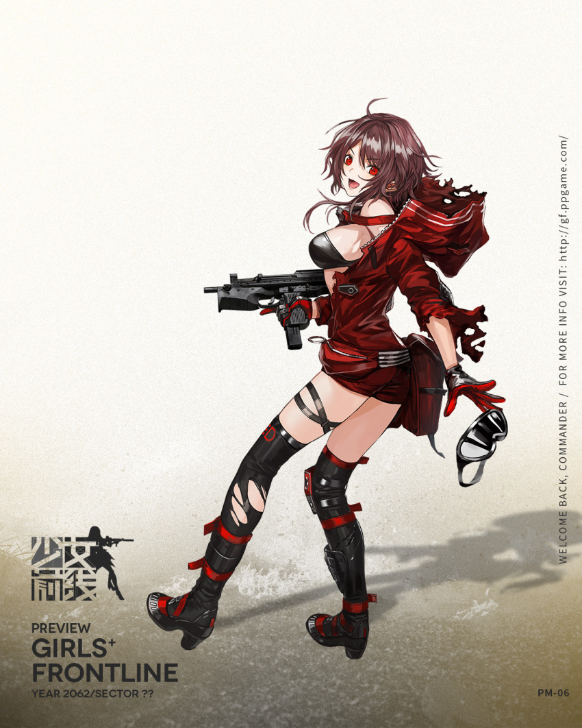 ass asymmetrical_footwear bag bangs belt belt_boots black_bra black_choker black_legwear boots bra breasts buckle character_name choker cleavage clenched_hand clothes_writing collarbone copyright_name damaged eyebrows_visible_through_hair from_side full_body girls_frontline gloves goggles goggles_removed gun highres holding holding_gun holding_weapon hood hood_down infukun logo looking_at_viewer medium_breasts off_shoulder official_art open_mouth pink_hair pm-06 pm-06_(girls_frontline) reaching red_eyes red_jumpsuit shin_guards short_hair short_hair_with_long_locks short_jumpsuit sidelocks single_knee_boot single_knee_pad skindentation smile submachine_gun thigh_strap thighhighs thighs torn_clothes trigger_discipline twisted_torso underwear wavy_hair weapon zipper