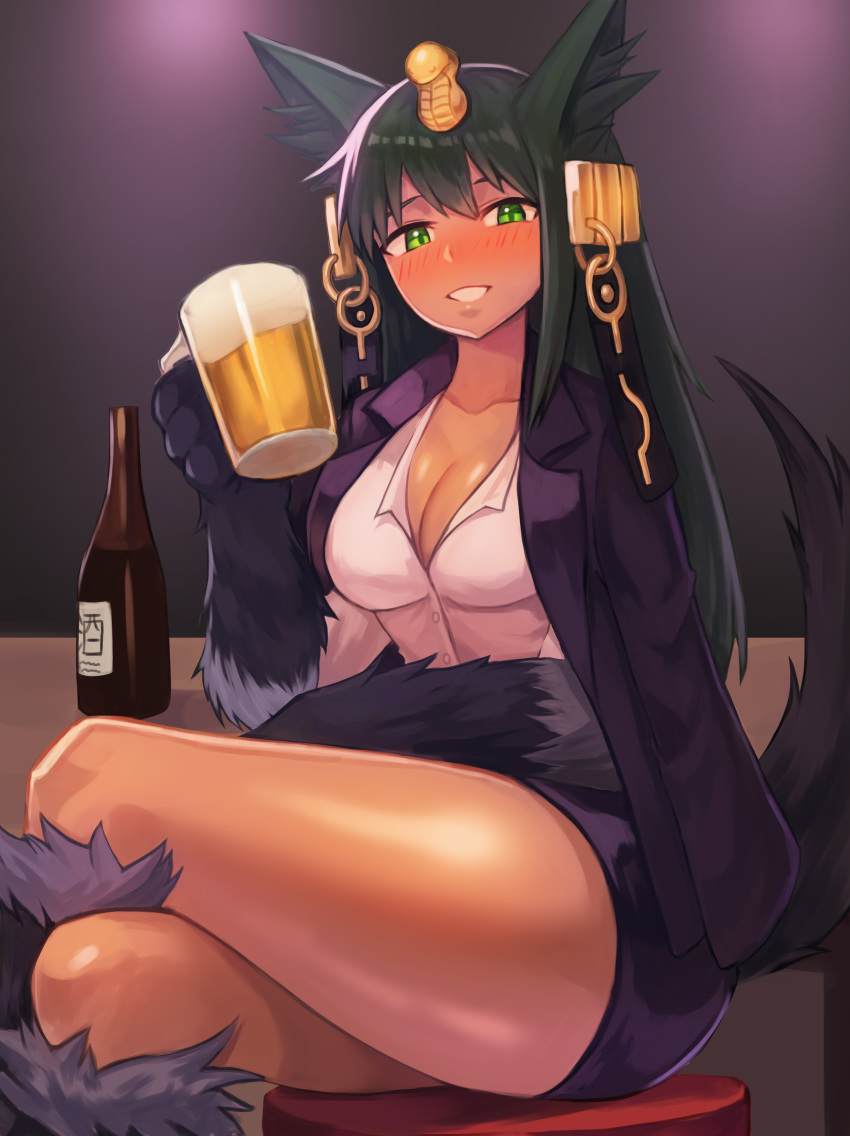 :d absurdres alcohol alternate_costume animal_ears anubis_(monster_girl_encyclopedia) beer beer_mug blush bottle breasts cleavage collared_shirt commentary commission crossed_legs dark_green_hair drunk egyptian english_commentary gold_trim green_eyes hair_ornament hand_up headdress highres holding jackal_ears jackal_tail jacket_on_shoulders large_breasts looking_at_viewer miniskirt monster_girl monster_girl_encyclopedia open_mouth paws pencil_skirt popped_collar purple_skirt sake_bottle shirt skirt smile snake_hair_ornament solo sookmo stool tail white_shirt