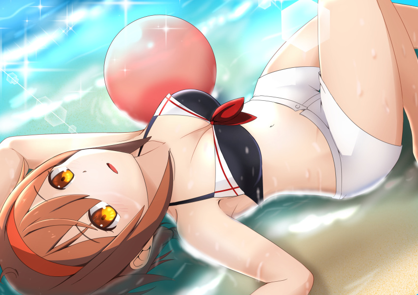 absurdres adapted_costume afloat ball beach beachball belly bikini black_bikini blush breasts brown_eyes brown_hair cleavage collarbone eyebrows_visible_through_hair hair_between_eyes hairband highres kantai_collection light_particles looking_at_viewer looking_up low_twintails lying medium_breasts navel ocean open_mouth orange_hairband red_hairband remodel_(kantai_collection) sand selvalanch shiratsuyu_(kantai_collection) short_hair shorts solo swimsuit twintails water wet