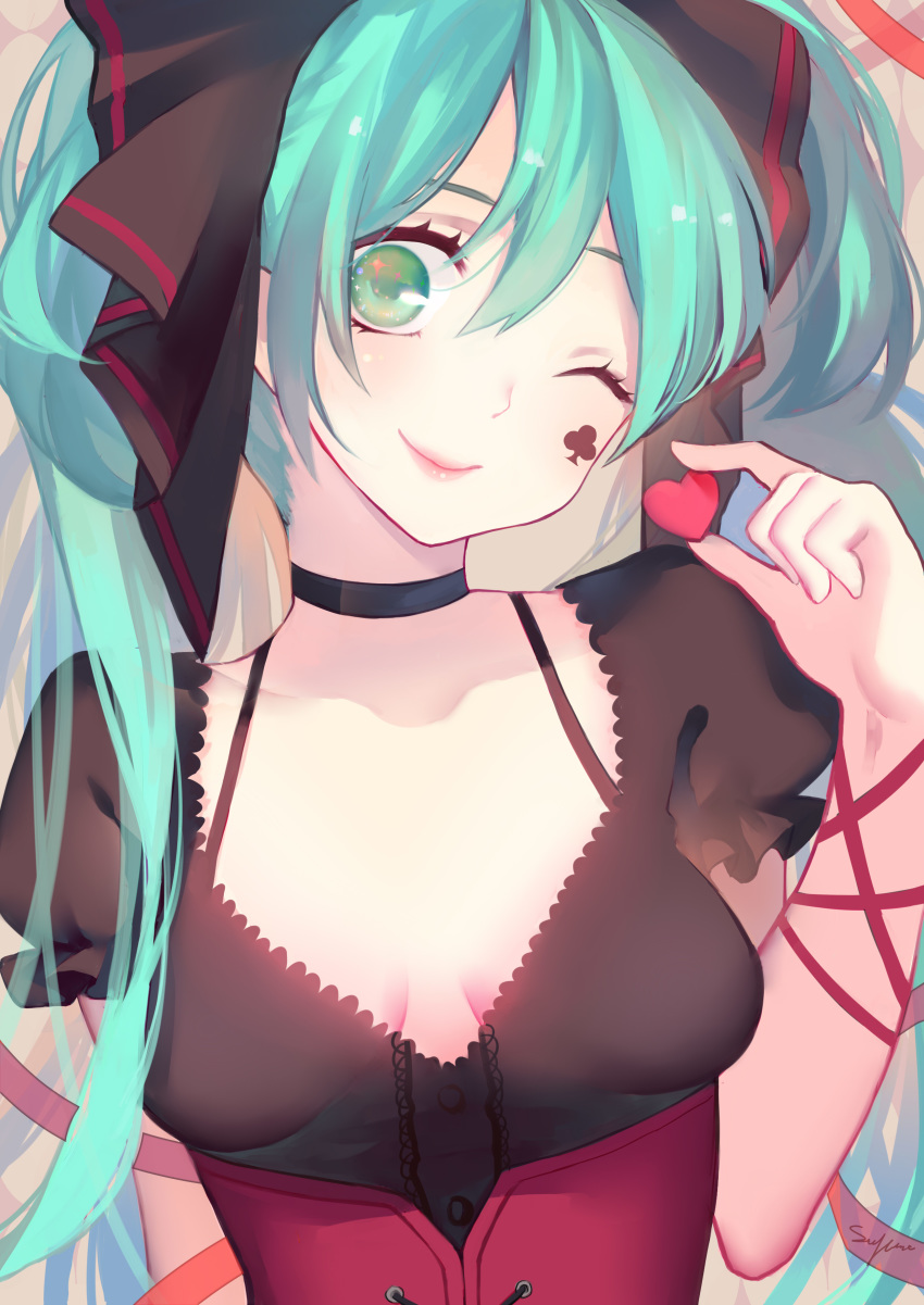 1girl ;) absurdres black_shirt blue_hair breasts choker cleavage collarbone commentary corset green_eyes hair_between_eyes hair_ornament hatsune_miku head_tilt heart highres long_hair one_eye_closed project_diva_(series) red_ribbon ribbon shirt short_sleeves slyvia small_breasts smile solo twintails upper_body vocaloid wrist_ribbon