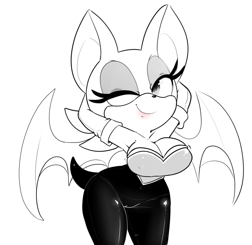 anthro armwear bat big_breasts breasts camel_toe cleavage clothed clothing elbow_gloves eyeshadow female gloves hands_behind_head hearlesssoul makeup mammal one_eye_closed rouge_the_bat smile solo sonic_(series) wings wink