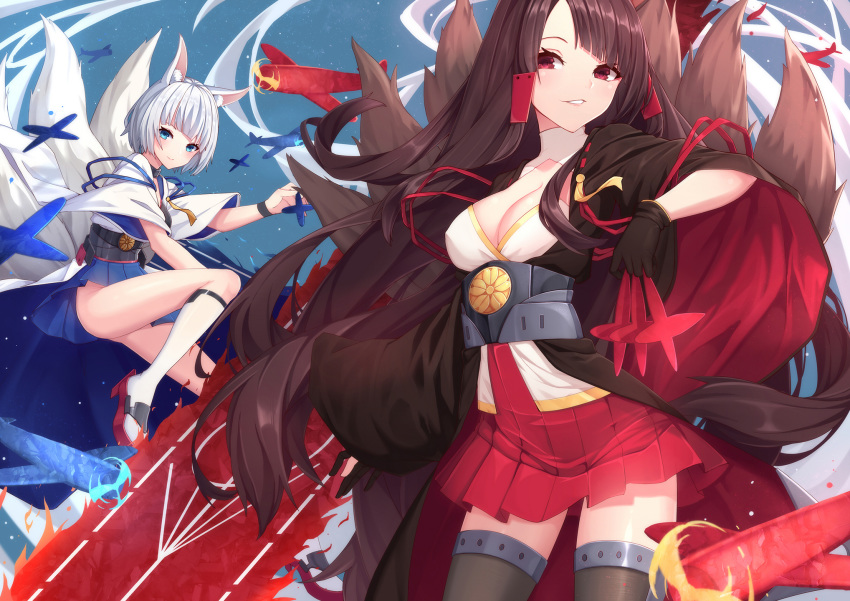 aircraft airplane akagi_(azur_lane) animal_ears azur_lane bangs black_gloves black_kimono black_legwear blue_eyes blue_skirt blunt_bangs blush bob_cut breasts brown_hair chinese_commentary cleavage closed_mouth collar commentary_request cowboy_shot flight_deck floating_hair fox_ears fox_tail gloves hair_ornament hakama_skirt head_tilt highres holding japanese_clothes kaga_(azur_lane) kimono kitsune knee_up kneehighs kyuubi large_breasts light_particles long_hair long_sleeves looking_at_viewer makeup multiple_girls multiple_tails obi outstretched_arm parted_lips partly_fingerless_gloves red_eyes red_skirt ribbon_trim sash shikigami short_hair skirt smile standing swept_bangs tail thighhighs underbust very_long_hair white_hair white_kimono white_legwear wide_sleeves wind wind_lift yan_mian zettai_ryouiki
