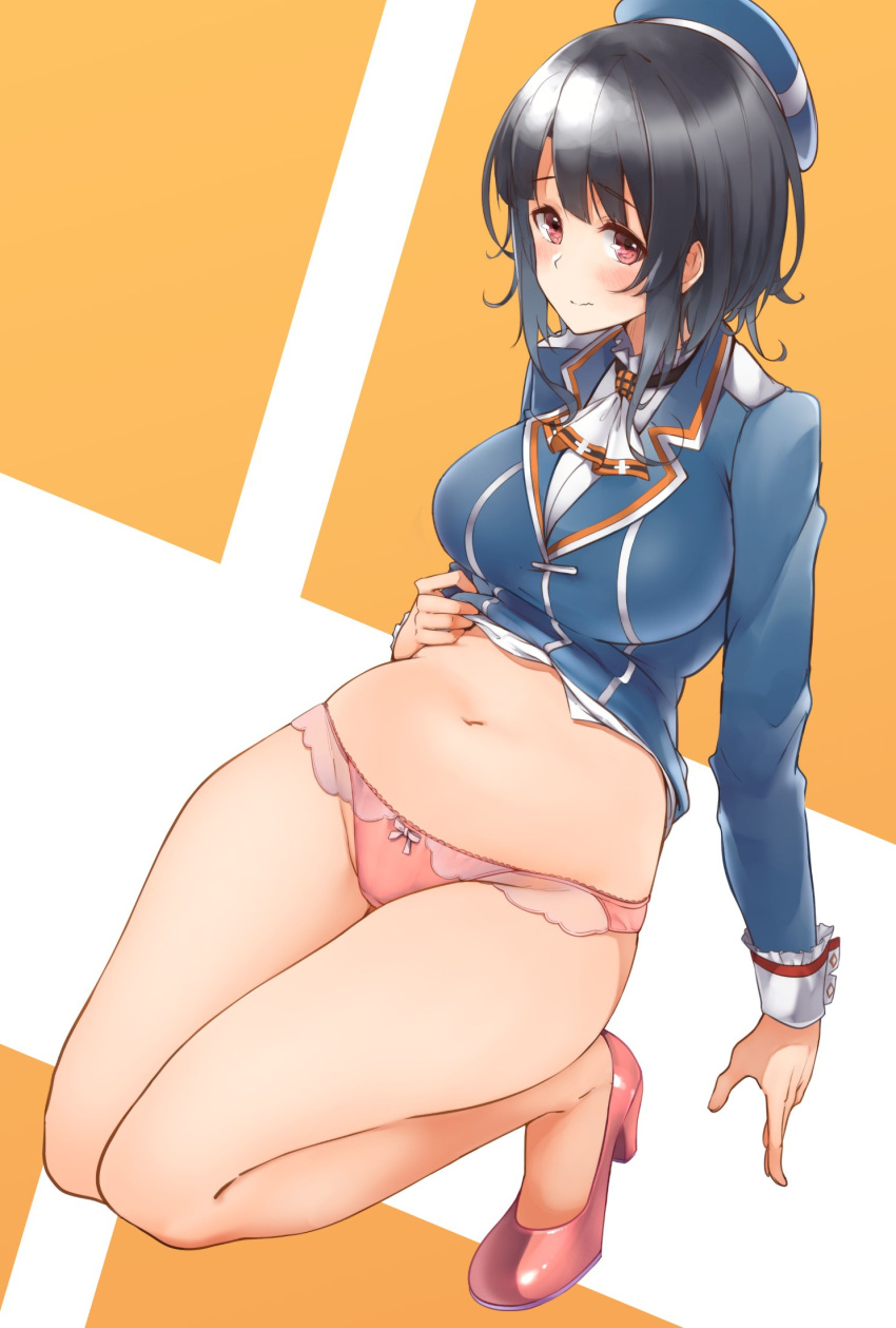 ascot beret black_hair blue_hat blue_jacket breasts commentary curvy embarrassed epaulettes hat hechi_(hechi322) high_heels highres jacket kantai_collection large_breasts long_sleeves looking_at_viewer midriff_peek navel panties red_eyes shirt shirt_lift short_hair smile solo takao_(kantai_collection) underwear uniform upper_body white_shirt