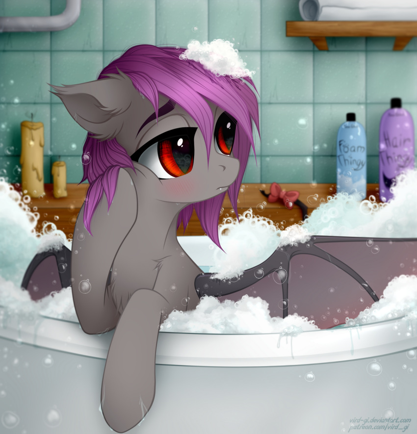 2018 bat_pony bat_wings bathing bathroom bathtub blush bottle bow_tie bubble bubble_bath candle cute equine eyebrows eyelashes fan_character fangs female feral hair hooves inside looking_away mammal membranous_wings my_little_pony nude portrait purple_hair red_eyes shampoo slit_pupils soap solo text tile url vird-gi water wet wet_hair wings