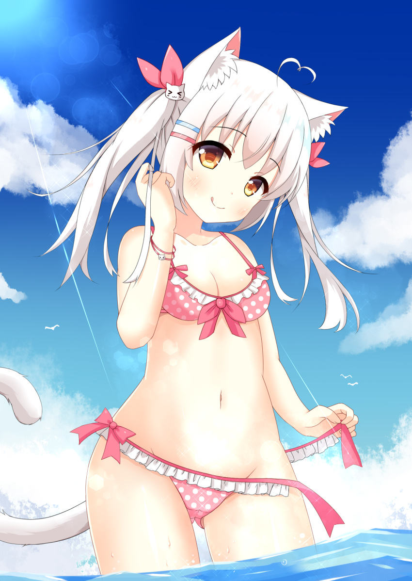 &gt;_&lt; :q ahoge animal_ears ass_visible_through_thighs bare_shoulders bikini blue_sky blush bow_bikini breasts brown_eyes cameltoe cat_ears cat_girl cat_hair_ornament cat_tail cleavage closed_mouth cloud collarbone commentary_request day frilled_bikini frills front-tie_bikini front-tie_top groin hair_ornament hair_ribbon hair_twirling hairclip hand_up head_tilt heart_ahoge highres long_hair looking_at_viewer navel ocean original outdoors pink_bikini pink_ribbon polka_dot polka_dot_bikini ribbon side-tie_bikini silver_hair sky small_breasts smile solo swimsuit tail tail_raised tongue tongue_out twintails untied untied_bikini wading water wet xiaosamiao
