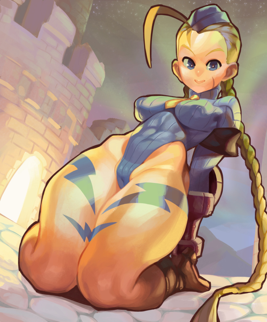 1girl blonde_hair boots braid breasts cammy_white capcom censored curvy erect_nipples female fingerless_gloves glo-s-s gloves hat highleg highleg_leotard large_breasts leotard long_hair looking_at_viewer partially_visible_vulva shiny sitting smile street_fighter thighs