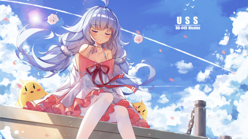 ahoge azur_lane bangs bare_shoulders bird blue_hair blue_sky blush breasts chain character_name cleavage closed_eyes closed_mouth cloud collarbone commentary_request dango_remi day dock dress eyebrows_visible_through_hair floating_hair halterneck hat highres light_particles long_hair long_sleeves low_twintails mole mole_under_eye nicholas_(azur_lane) ocean off_shoulder outdoors pleated_skirt sidelocks sitting skirt sky sleeves_past_wrists small_breasts solo splashing stuffed_animal stuffed_toy sunlight thighhighs twintails waves white_legwear wind wind_lift