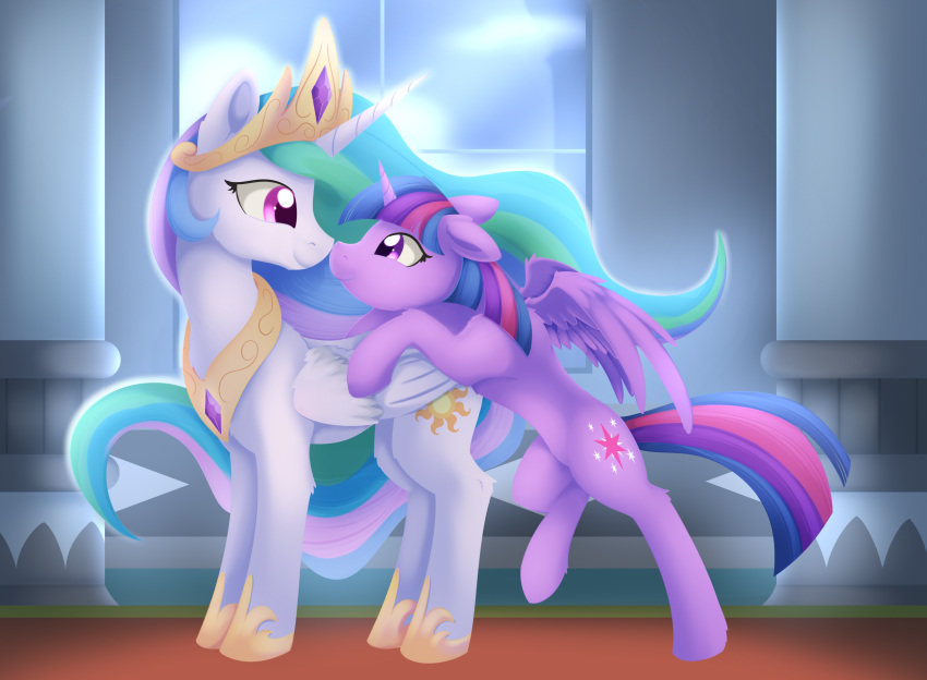 2017 boop carpet castle crown cute cutie_mark duo equine eye_contact eyelashes feathered_wings feathers female female/female feral floppy_ears friendship_is_magic hair hi_res hooves horn inside long_hair looking_back mammal multicolored_hair my_little_pony nude nuzzling princess_celestia_(mlp) purple_eyes purple_feathers rainbow_hair royalty smile standing touching_noses twilight_sparkle_(mlp) white_feathers window winged_unicorn wings xduskstarx