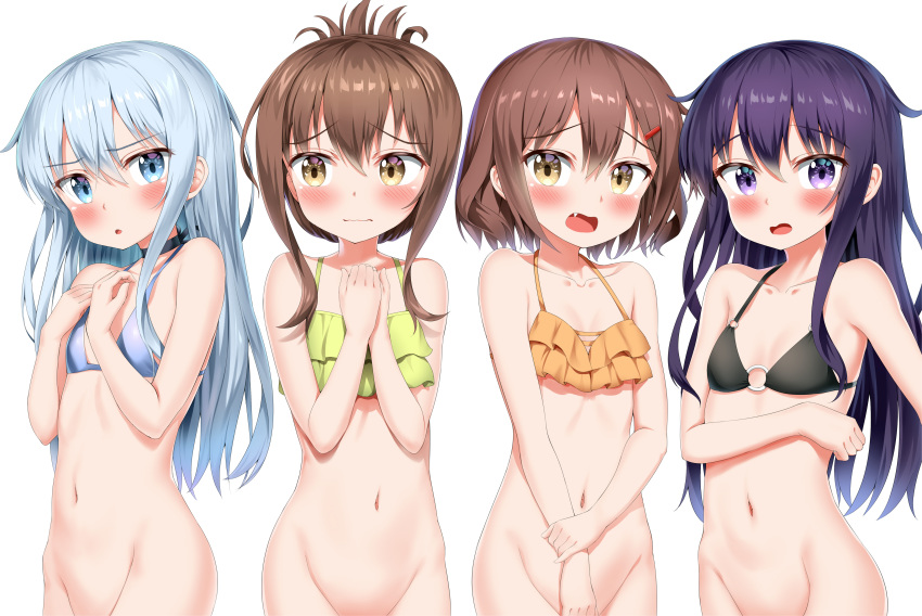 absurdres akatsuki_(kantai_collection) bikini bikini_top black_bikini black_bikini_top black_hair blue_bikini blue_bikini_top blue_eyes blue_hair blush bottomless brown_eyes brown_hair choker commentary_request covering covering_crotch embarrassed fang flat_chest folded_ponytail frilled_bikini frills green_bikini green_bikini_top groin hair_between_eyes hair_ornament hairclip hands_on_own_chest hibiki_(kantai_collection) highres ikazuchi_(kantai_collection) inazuma_(kantai_collection) kantai_collection long_hair multiple_girls navel nedia_(nedia_region) o-ring o-ring_bikini open_mouth orange_bikini orange_bikini_top out-of-frame_censoring purple_eyes purple_hair short_hair silver_hair simple_background swimsuit upper_body wavy_mouth white_background