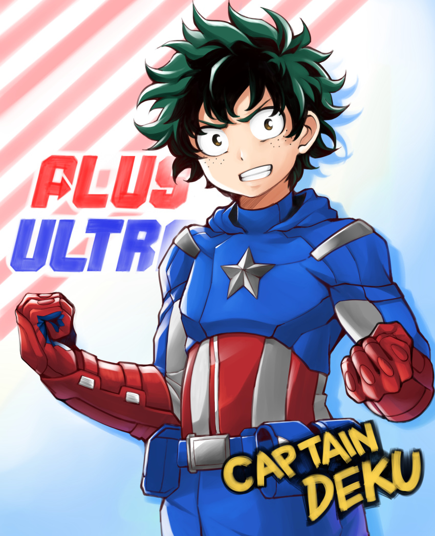absurdres american_flag american_flag_print avengers belt black_hair boku_no_hero_academia brown_eyes captain_america captain_america_(cosplay) clenched_hand clenched_teeth commentary_request cosplay flag_print freckles gloves green_hair highres looking_at_viewer male_focus marvel midoriya_izuku multicolored_hair red_gloves short_hair solo spiked_hair star teeth two-tone_hair utility_belt yaobin_yang