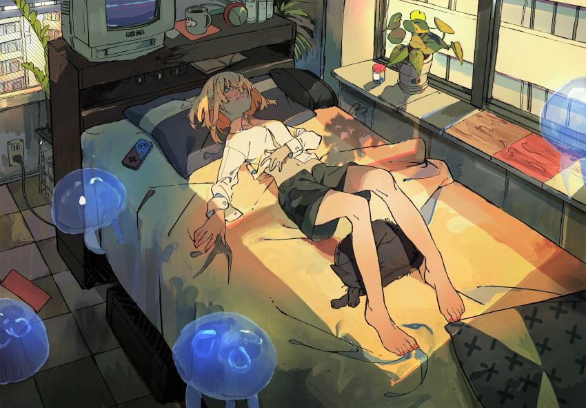 alarm_clock bangs bare_legs barefoot bed bed_sheet bedroom black_shorts blonde_hair blue_eyes breasts bright_pupils checkered checkered_floor clock closed_mouth coffee_mug collared_shirt controller cup dress_shirt electric_socket frown game_console game_controller hair_between_eyes hand_on_own_stomach highres indoors jellyfish leaf long_sleeves lying monitor mug nail_polish navel nes on_back on_bed open_fly original pillow plant plug potted_plant red_nails shirt short_hair shorts small_breasts solo sunlight toenail_polish toenails white_pupils white_shirt you_(nanban319)