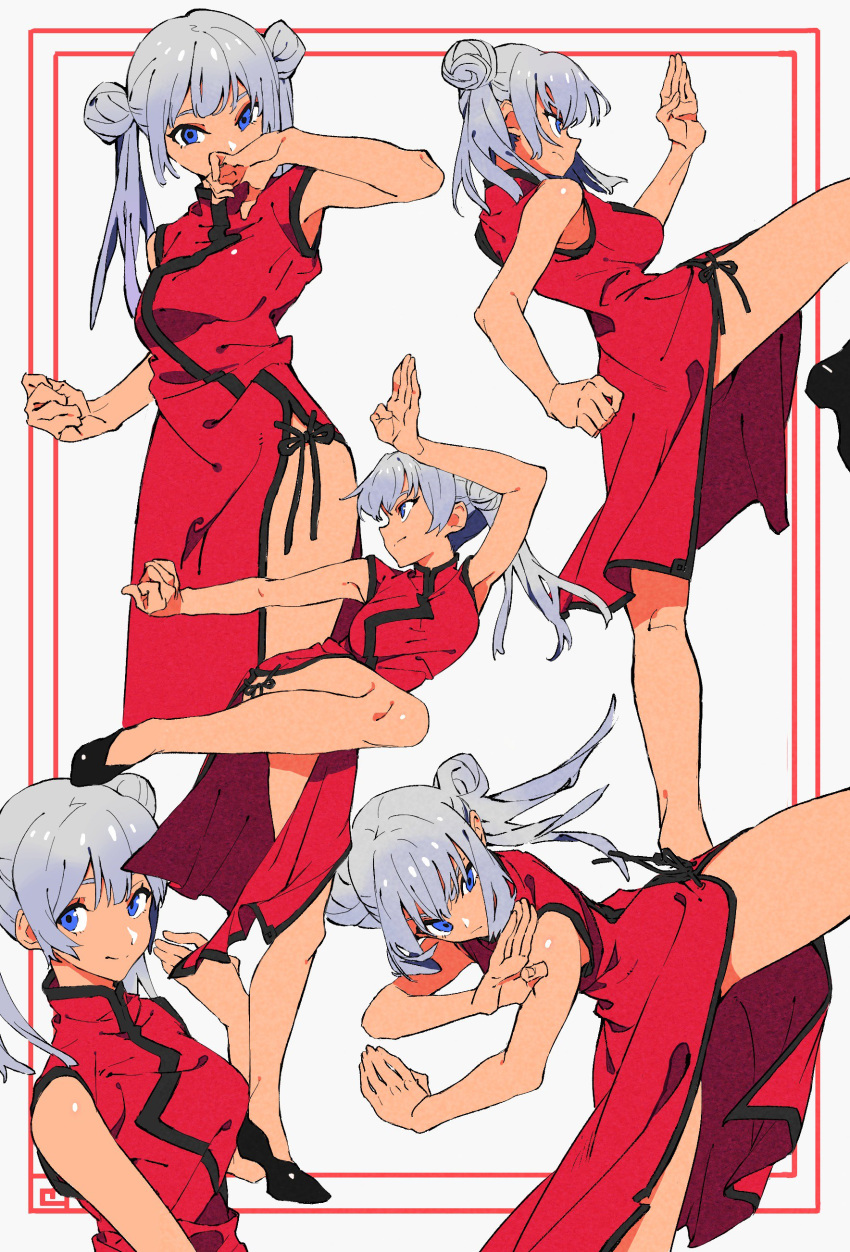 absurdres bangs bare_arms bare_shoulders black_footwear blue_eyes breasts china_dress chinese_clothes closed_mouth dark_skin double_bun dress fighting_stance highres leg_up legs medium_breasts original pelvic_curtain pose red_dress shoes silver_hair smile solo standing standing_on_one_leg twintails you_(nanban319)