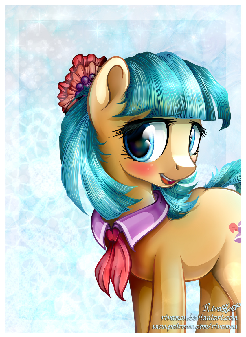 2015 abstract_background blue_background blue_eyes blue_hair blush border coco_pommel_(mlp) collar cute cutie_mark earth_pony equine eyelashes female feral flower flower_in_hair friendship_is_magic hair hi_res hooves horse looking_at_viewer mammal my_little_pony nude open_mouth open_smile plant pony portrait short_hair simple_background smile solo standing teeth text tongue url vird-gi white_border