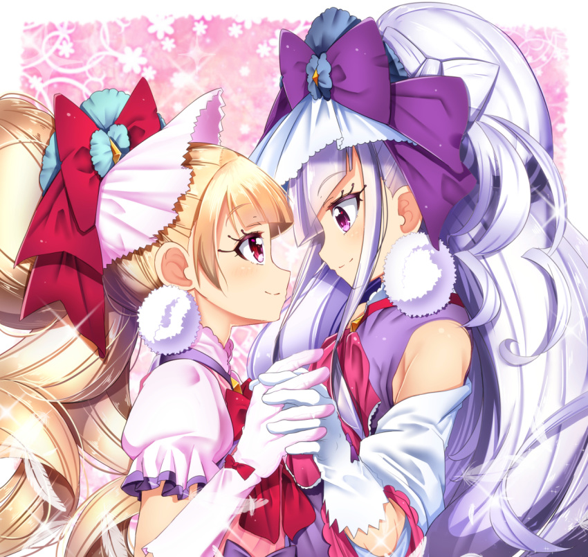 aisaki_emiru bangs blonde_hair bow cure_amour cure_macherie eye_contact eyebrows_visible_through_hair gloves hair_bow high_ponytail holding_hands hugtto!_precure interlocked_fingers long_hair looking_at_another mad_(hazukiken) multiple_girls precure purple_bow purple_eyes red_bow red_eyes ruru_amour short_sleeves silver_hair smile sparkle upper_body very_long_hair white_feathers white_gloves
