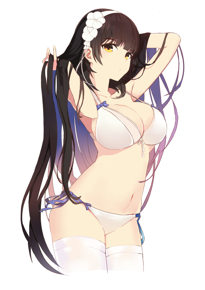 :o absurdres bangs bikini black_hair breasts chinese_commentary cleavage collarbone commentary_request derivative_work eyebrows_visible_through_hair flower front-tie_bikini front-tie_top girls_frontline hair_flower hair_ornament hairband hand_in_hair highres kepress large_breasts long_hair looking_at_viewer navel qbz-95_(girls_frontline) side-tie_bikini simple_background solo stomach swimsuit thighhighs very_long_hair white_bikini white_hairband white_legwear yellow_eyes