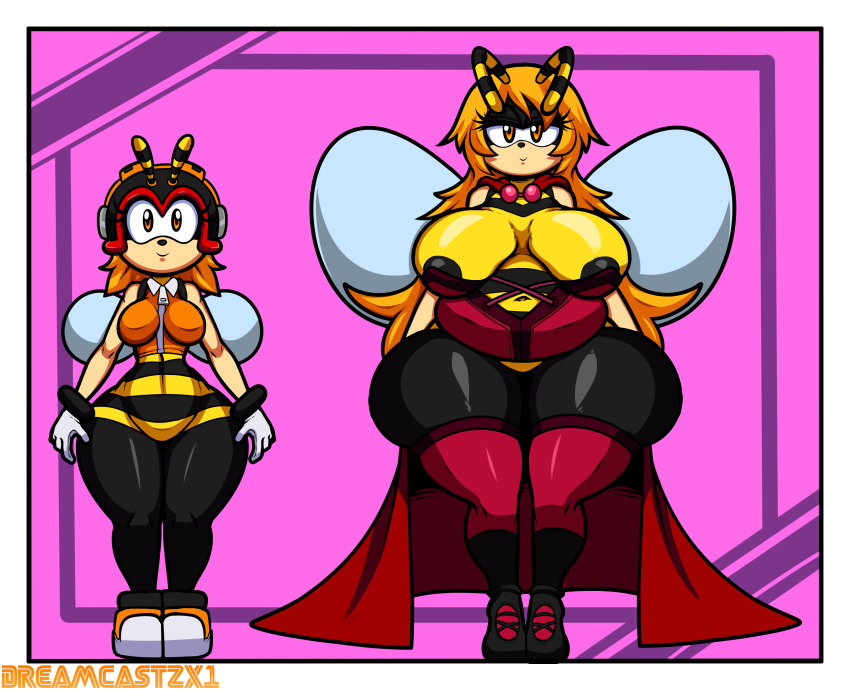 arthropod bee big_breasts border breasts cape charmy_bee clothing crossgender dreamcastzx1 female hair huge_breasts huge_thighs insect sonic_(series) tight_clothing voluptuous white_border