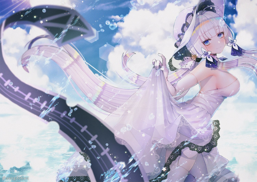 anchor_symbol armlet azur_lane bangs blue_eyes blue_sky blunt_bangs blush breasts choker cloud commentary_request cowboy_shot day dress dress_lift elbow_gloves eyebrows_visible_through_hair flight_deck from_side garter_straps gloves hair_ornament hair_ribbon hanato_(seonoaiko) hat head_tilt illustrious_(azur_lane) jewelry lace-trimmed_hat large_breasts long_hair looking_at_viewer low_ponytail mole mole_under_eye ocean outdoors parted_lips partial_commentary pendant ponytail ribbon sapphire_(stone) see-through sidelocks sky solo splashing sunlight thighhighs tress_ribbon twitter_username water_drop white_dress white_gloves white_hair white_hat