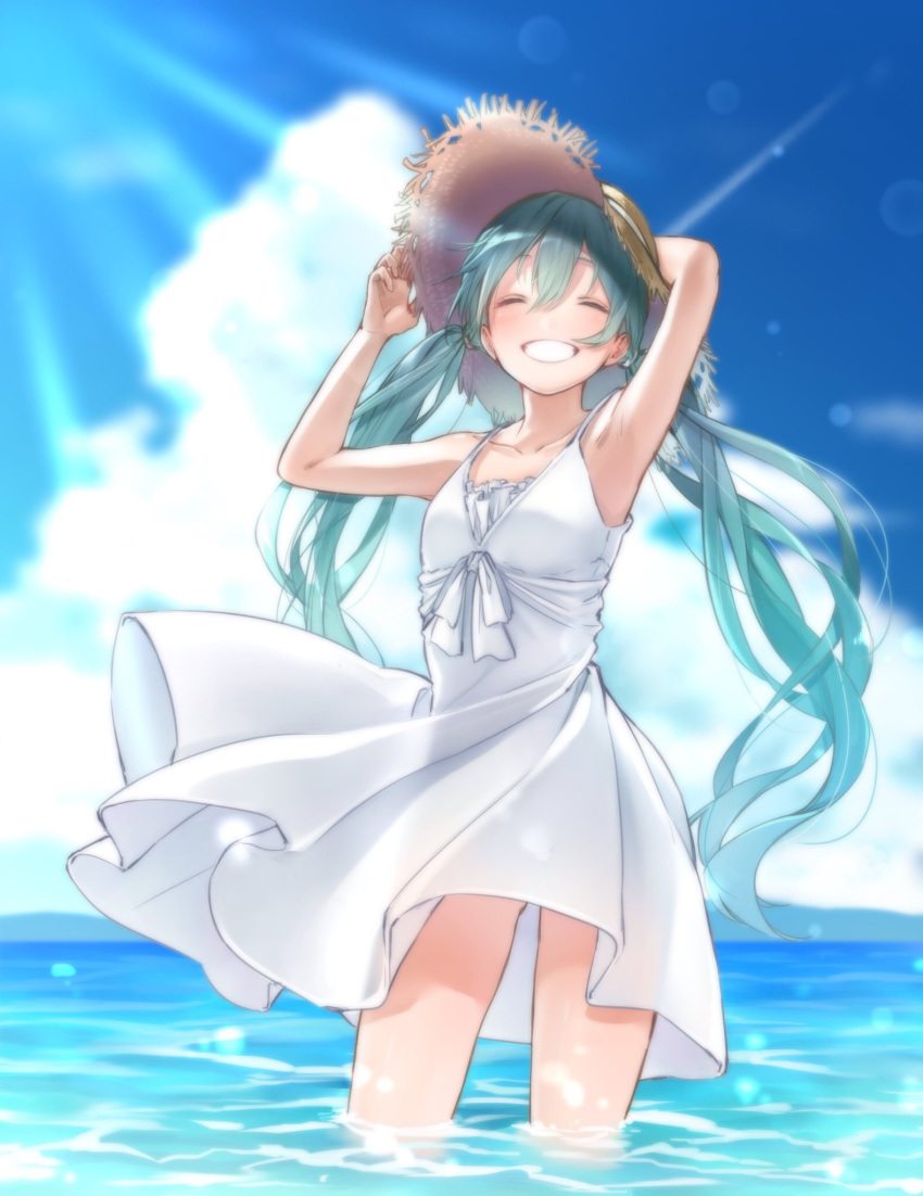 armpits blue_hair blue_sky closed_eyes cloud day dress floating_hair grin hair_between_eyes hand_on_headwear hat hatsune_miku highres long_hair ocean outdoors rinku_(rin9) see-through_silhouette sky sleeveless sleeveless_dress smile solo standing straw_hat summer sundress sunlight twintails very_long_hair vocaloid wading white_dress