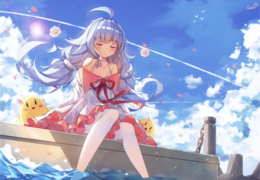 ahoge azur_lane bangs bare_shoulders bird blue_hair blue_sky blush breasts chain cleavage closed_eyes closed_mouth cloud collarbone dango_remi day dock dress eyebrows_visible_through_hair floating_hair halterneck hat highres light_particles long_hair long_sleeves low_twintails mole mole_under_eye nicholas_(azur_lane) ocean off_shoulder outdoors pleated_skirt sidelocks sitting skirt sky sleeves_past_wrists small_breasts soaking_feet solo splashing stuffed_animal stuffed_toy sunlight thighhighs twintails waves white_legwear wind wind_lift