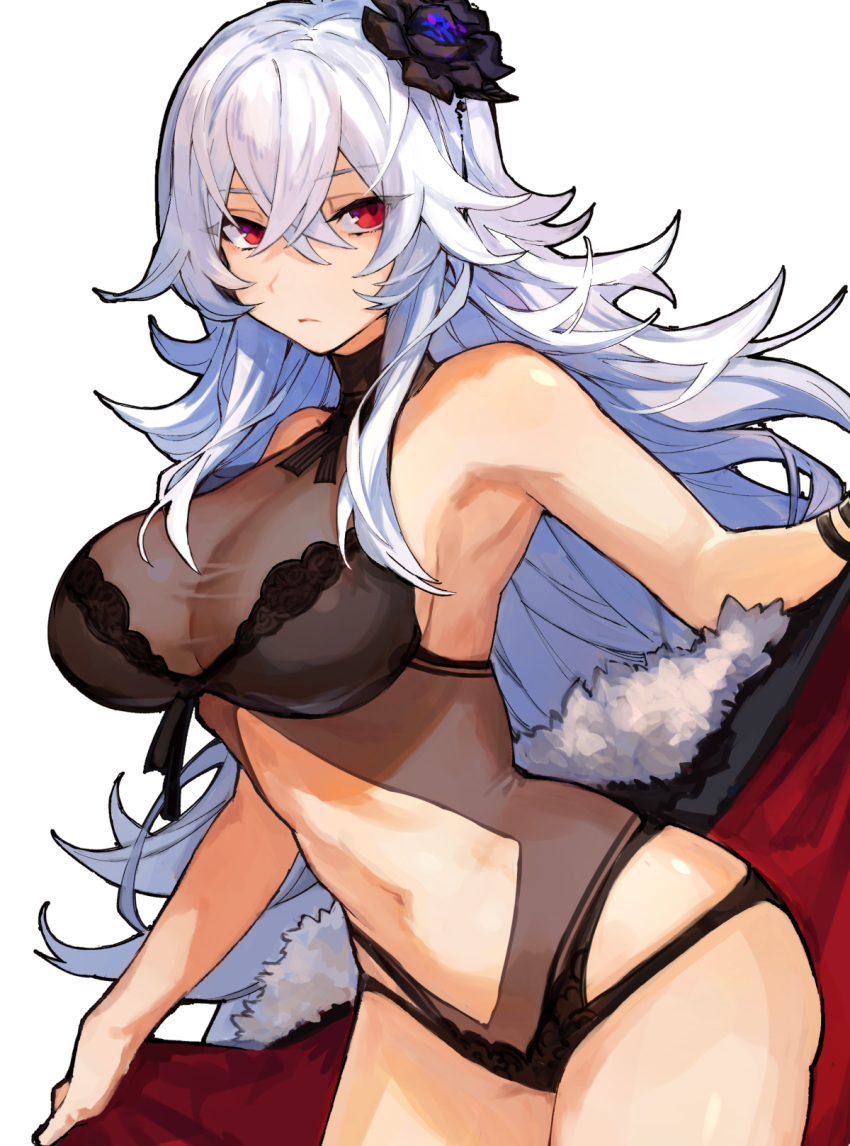 armpits azur_lane bangs bare_shoulders black_flower black_swimsuit breasts cape cleavage closed_mouth flower fur-trimmed_cape fur_trim graf_zeppelin_(azur_lane) hair_between_eyes hair_flower hair_ornament highres large_breasts long_hair looking_at_viewer mephist-pheles navel one-piece_swimsuit red_cape red_eyes silver_hair swimsuit thighs very_long_hair white_background white_hair