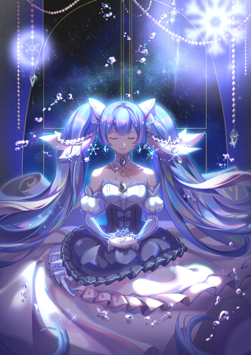 absurdly_long_hair absurdres blue_hair byuey choker closed_eyes detached_sleeves floating_hair hair_ornament hands_together hatsune_miku headwear_removed highres long_hair shiny shiny_hair sky smile solo star_(sky) starry_sky striped tiara twintails vertical_stripes very_long_hair vocaloid yuki_miku