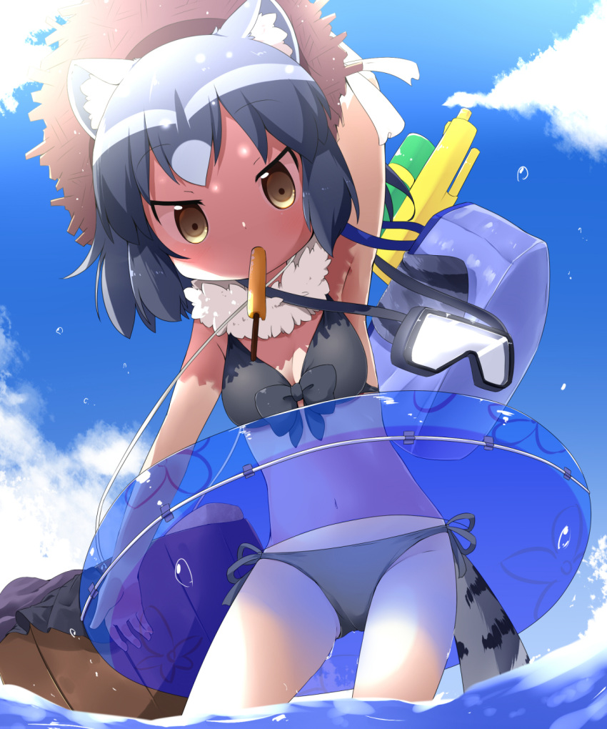 animal_ears arm_up armpits bikini black_bikini black_hair blue_sky brown_eyes cloud commentary_request common_raccoon_(kemono_friends) day diving_mask food_in_mouth fur_collar grey_hair hat highres innertube kemono_friends looking_at_viewer makuran mouth_hold multicolored_hair navel outdoors raccoon_ears raccoon_tail short_hair side-tie_bikini sky solo straw_hat swimsuit tail wading water water_gun