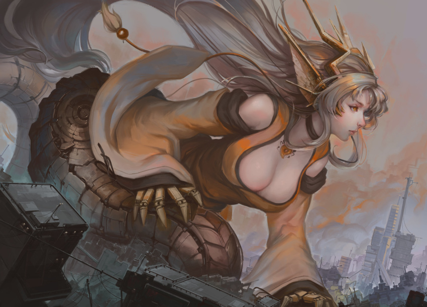 bare_shoulders breasts choker claws cleavage commentary commission dragon_girl english_commentary giantess head_fins highres japanese_clothes lamia large_breasts lips long_hair magatama mecha_musume mechanical_hands mechanical_tail mechanization monster_girl monster_girl_encyclopedia nose ryuu_(monster_girl_encyclopedia) saimon_ma silver_hair solo tail very_long_hair yellow_eyes