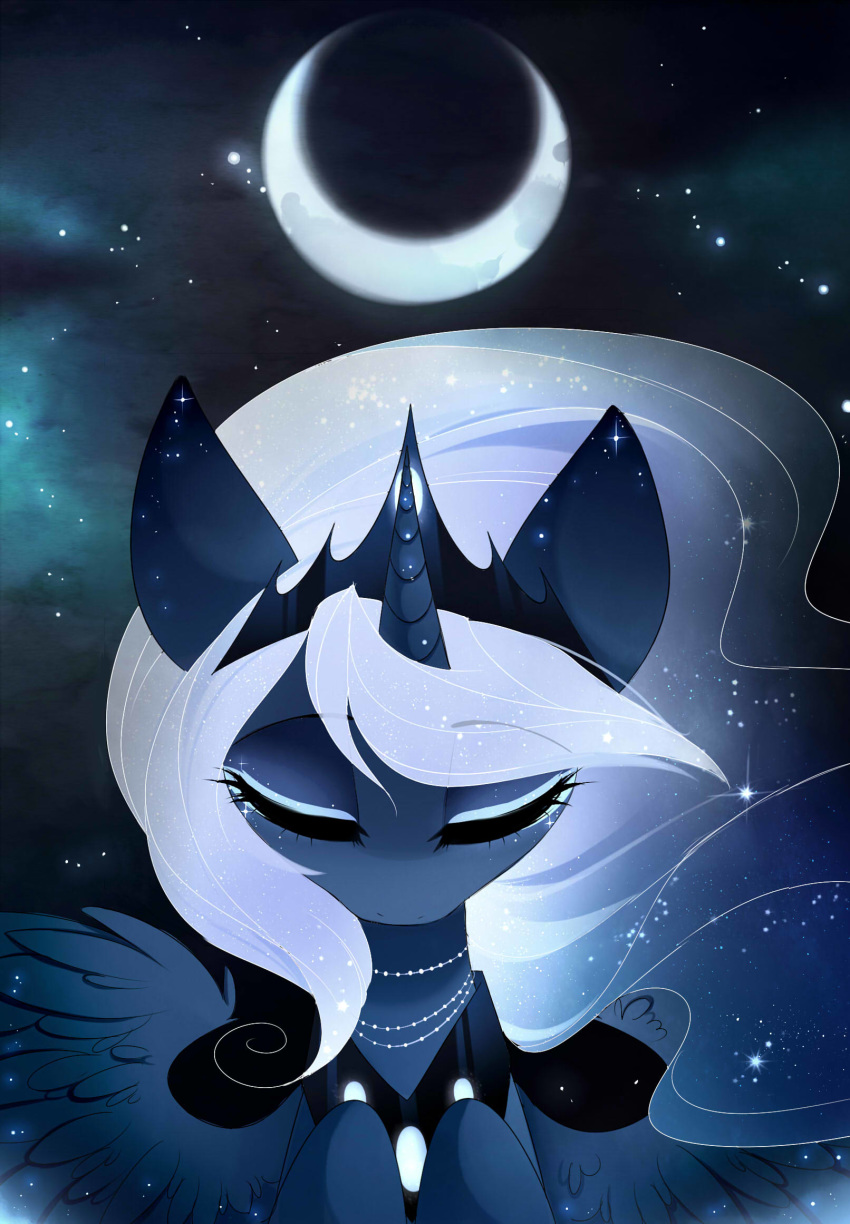2018 blue_feathers bust_portrait cosmic_hair crown equine eyelashes eyes_closed feathered_wings feathers female feral friendship_is_magic hair hi_res horn long_hair magnaluna makeup mammal mascara moon my_little_pony night outside portrait princess_luna_(mlp) royalty sky solo spread_wings star starry_sky winged_unicorn wings