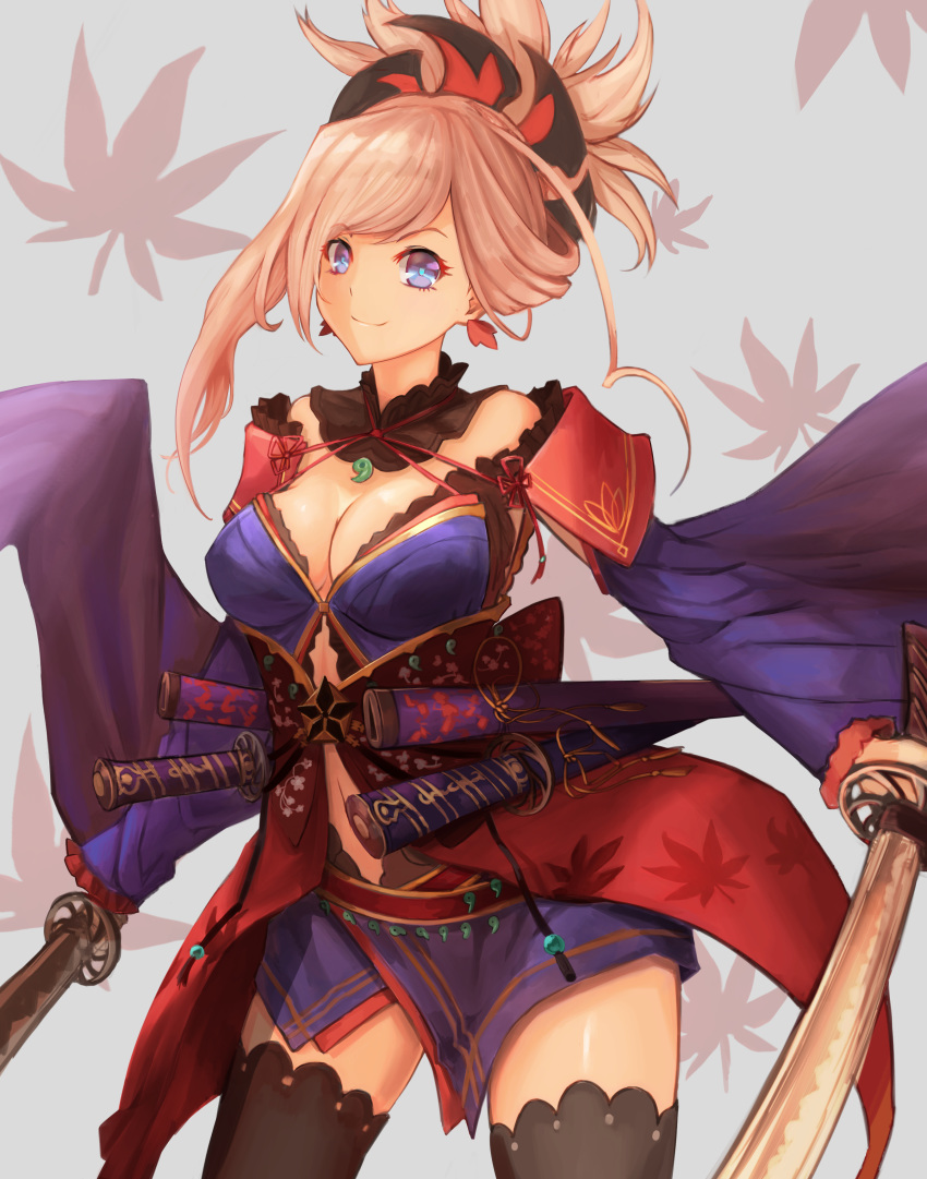 absurdres bangs black_legwear blue_eyes blue_kimono breasts choker cleavage cowboy_shot detached_sleeves dual_wielding fate/grand_order fate_(series) grey_background hair_ornament highres holding holding_sword holding_weapon japanese_clothes katana kimono large_breasts leaf long_hair looking_at_viewer magatama_necklace maple_leaf midriff miyamoto_musashi_(fate/grand_order) navel_cutout parted_bangs ponytail sheath shinori_(efvbji6264) shiny shiny_skin short_kimono side_ponytail silver_hair sleeveless sleeveless_kimono smile solo standing stomach sword thighhighs weapon