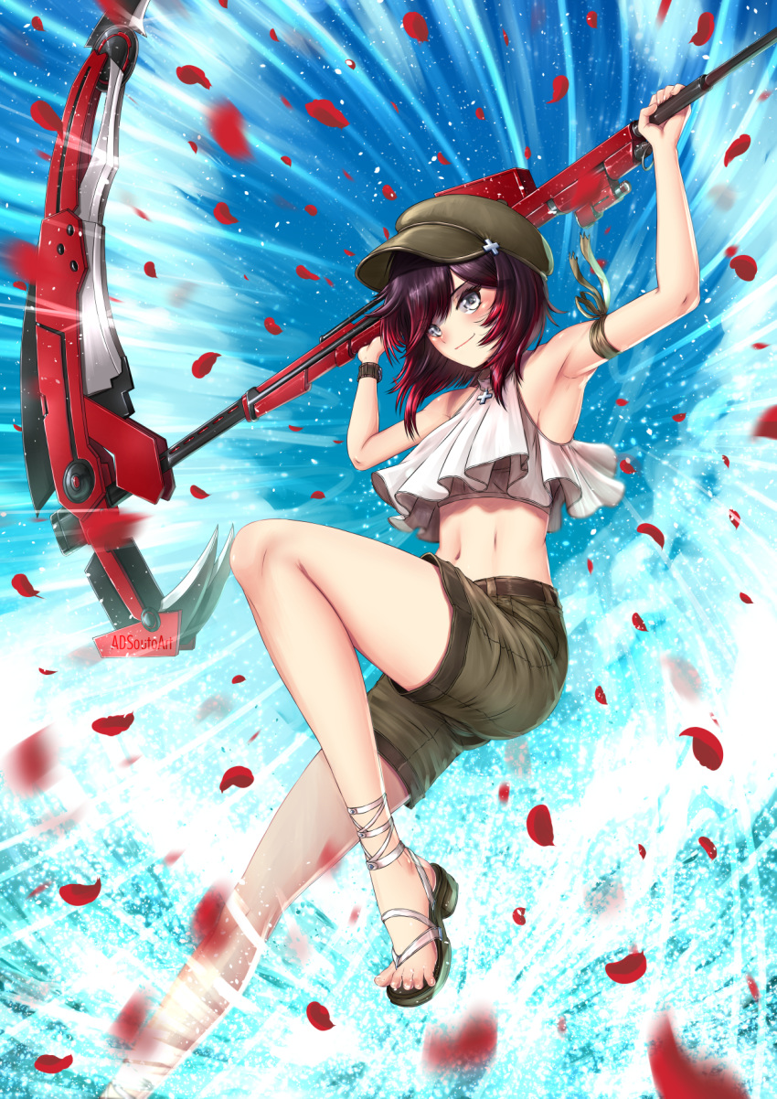adsouto alternate_costume armpits arms_up bangs black_hair blue_eyes blush brown_hat brown_shorts crescent_rose gradient_hair hat highres holding holding_weapon leg_up midriff multicolored_hair navel petals red_hair rose_petals ruby_rose rwby scythe shorts smile solo stomach two-tone_hair weapon
