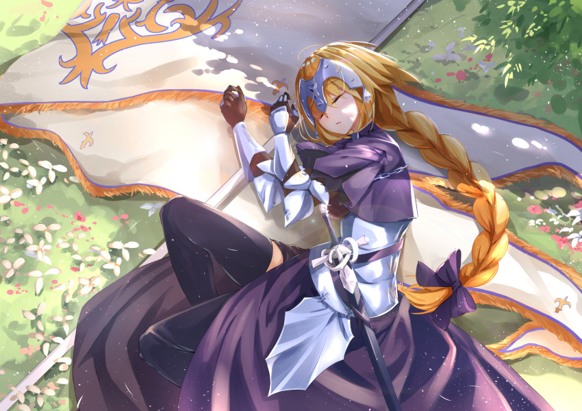 armored_dress banner black_hair black_legwear bow braid closed_eyes day dress eyebrows_visible_through_hair faicha fate/apocrypha fate_(series) from_above gauntlets hair_between_eyes hair_bow highres jeanne_d'arc_(fate) jeanne_d'arc_(fate)_(all) long_hair lying on_side outdoors parted_lips ponytail purple_bow purple_dress sheath sheathed single_braid sleeping sword thighhighs very_long_hair weapon