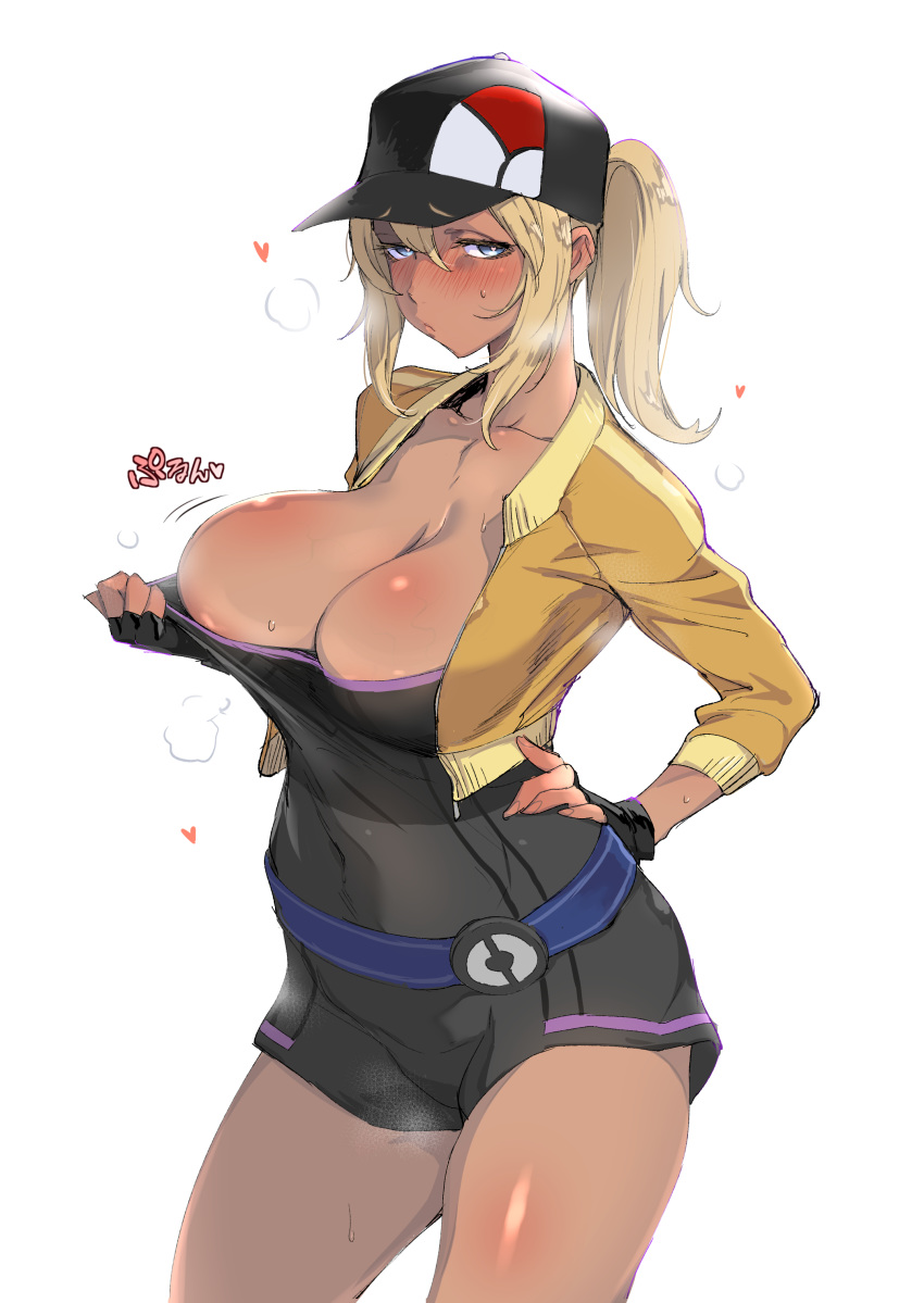 absurdres baseball_cap blonde_hair blue_eyes blush bouncing_breasts breasts cleavage collarbone dark_skin female_protagonist_(pokemon_go) fingerless_gloves gloves hand_on_hip hat heart heart-shaped_pupils highres iku_(ikuchan_kaoru) large_breasts long_hair looking_at_viewer one_breast_out pokemon pokemon_go ponytail pout simple_background solo sweatdrop symbol-shaped_pupils thighs translation_request veins veiny_breasts white_background