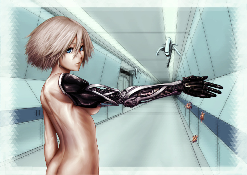 ass blonde_hair blue_eyes bullet check_commentary commentary_request cyborg drone hallway highres looking_back mechanical_arm nude original science_fiction shinachiku_(uno0101) short_hair