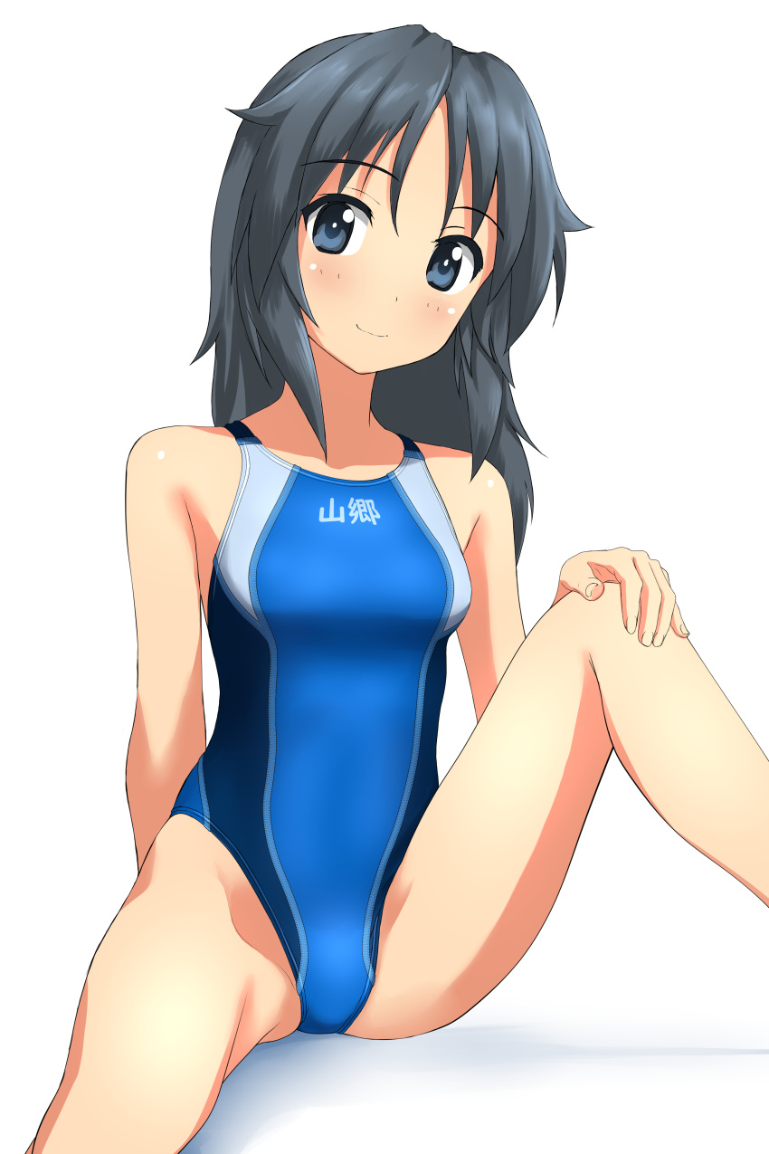absurdres bangs barefoot black_hair blue_eyes blue_swimsuit character_name commentary_request competition_swimsuit feet_out_of_frame girls_und_panzer head_tilt highres long_hair looking_at_viewer one-piece_swimsuit simple_background sitting smile solo swimsuit takafumi white_background yamagou_ayumi