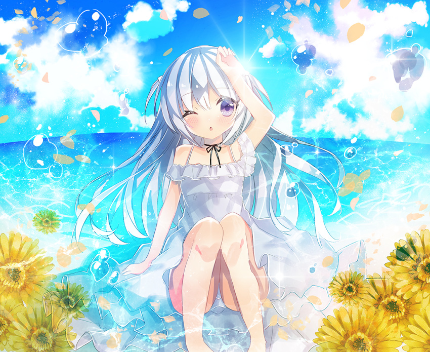 ;o arm_support arm_up bangs bare_shoulders black_ribbon blue_sky blush cloud cloudy_sky collarbone commentary day dress eyebrows_visible_through_hair feet_out_of_frame flower hair_between_eyes horizon kohaku_muro looking_at_viewer neck_ribbon ocean one_eye_closed original outdoors panties parted_lips petals pigeon-toed purple_eyes ribbon silver_hair sitting sky sleeveless sleeveless_dress solo summer two_side_up underwear water water_drop white_dress white_panties yellow_flower