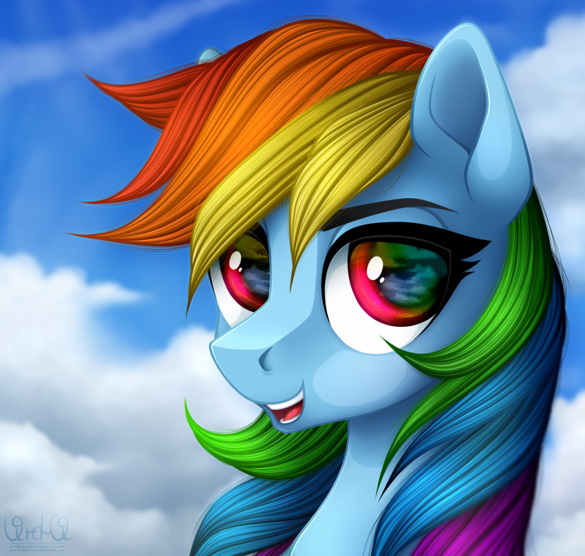 2018 bust_portrait cloud equine eyebrows eyelashes female feral friendship_is_magic hair hi_res long_hair looking_at_viewer mammal multicolored_hair my_little_pony open_mouth open_smile outside portrait purple_eyes rainbow_dash_(mlp) rainbow_hair sky smile solo teeth tongue vird-gi watermark