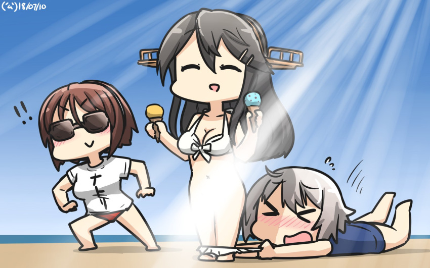 &gt;_&lt; 3girls :d ahoge assisted_exposure beach bikini bikini_pull blue_sky blush bottomless brown_hair closed_eyes commentary dated day food front-tie_bikini front-tie_top full_body grey_hair hair_ornament hairclip hamu_koutarou haruna_(kantai_collection) highres ice_cream kantai_collection light_censor long_hair multiple_girls natori_(kantai_collection) navel nose_blush one-piece_swimsuit open_mouth remodel_(kantai_collection) shimushu_(kantai_collection) short_hair sky smile standing sunglasses swimsuit white_bikini