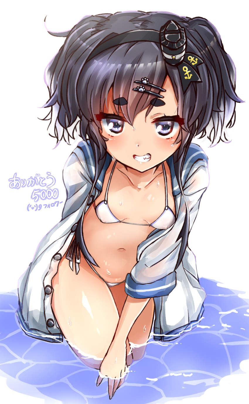 bikini black_hair blush breasts collarbone commentary_request dress eyebrows_visible_through_hair graphite_(medium) grin hair_ornament highres kantai_collection long_hair looking_at_viewer micro_bikini navel open_clothes open_mouth purple_hair sailor_collar sailor_dress side-tie_bikini simple_background small_breasts smile solo swimsuit swimsuit_under_clothes teeth thick_eyebrows thighs tokitsukaze_(kantai_collection) traditional_media translation_request wading wet wet_clothes wet_hair white_background white_bikini yufuissei0702