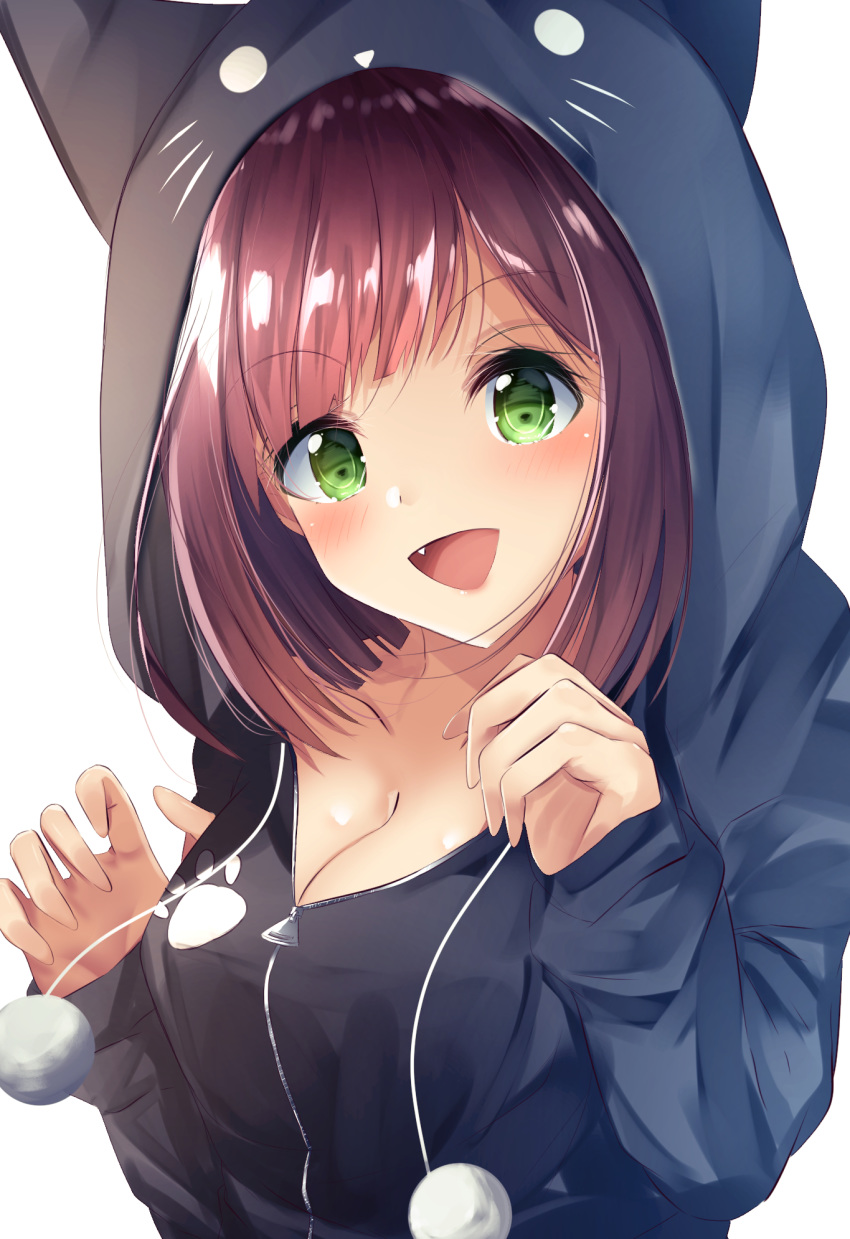 animal_hood blush breasts brown_hair cat_hood cleavage commentary_request eyebrows_visible_through_hair fang green_eyes highres hood hoodie idolmaster idolmaster_cinderella_girls maekawa_miku medium_breasts open_mouth short_hair smile solo suisen-21