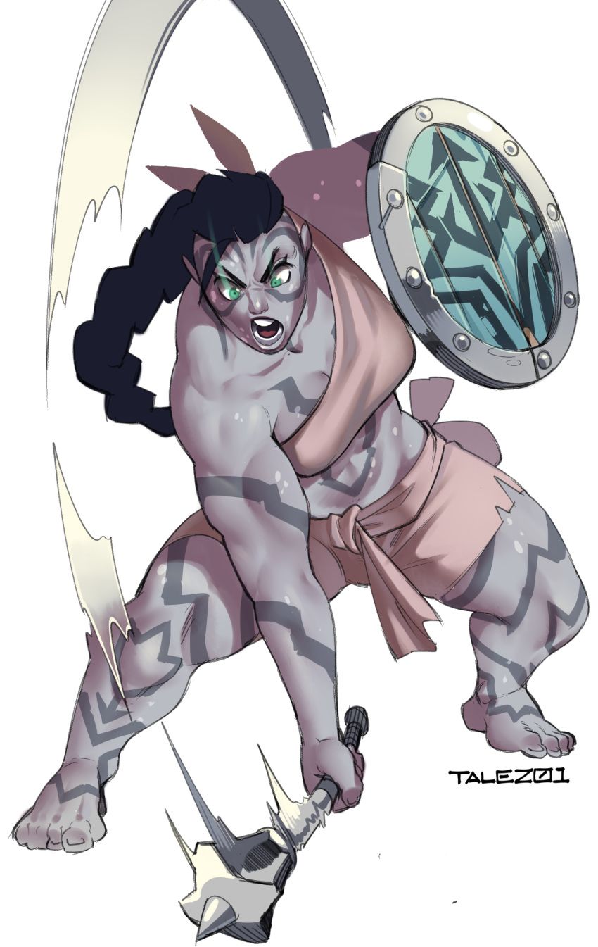 5_toes angry barefoot black_hair breasts clothed clothing female front_view full-length_portrait fully_clothed green_eyes grey_skin hair hi_res holding_object humanoid mace melee_weapon midriff muscular muscular_female not_furry open_mouth orc pointy_ears ponytail portrait shield simple_background solo talez01 toes weapon white_background white_clothing