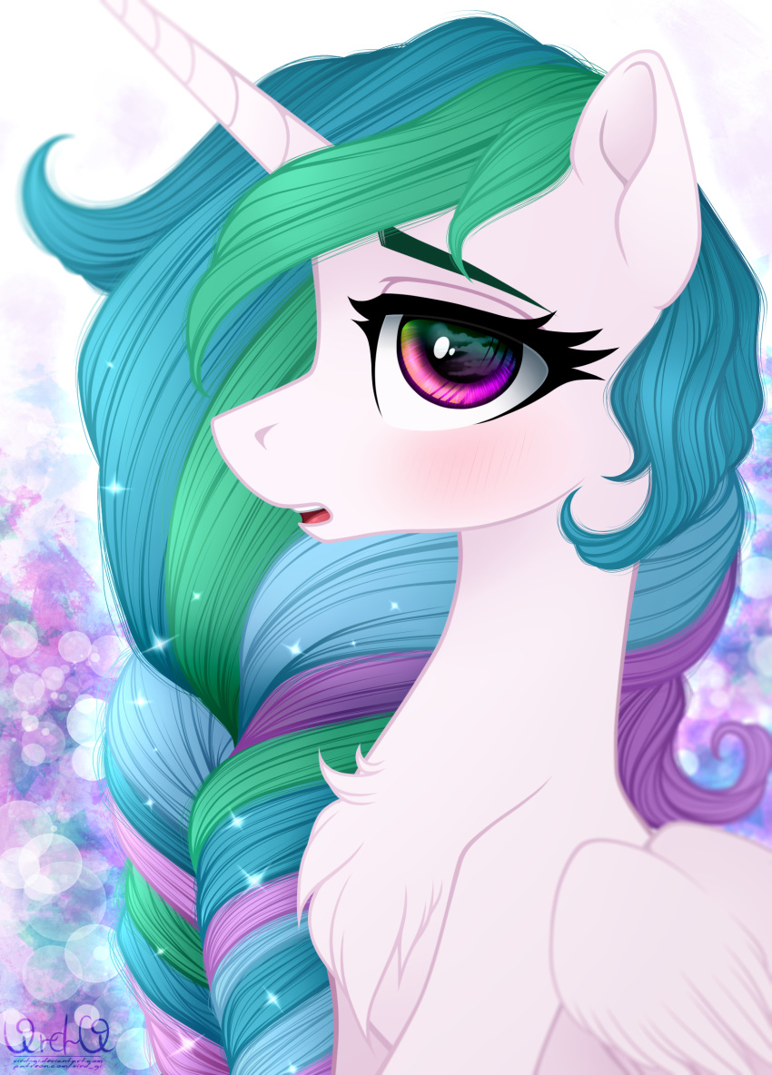 2018 abstract_background blush braided_hair bust_portrait chest_tuft equine eyebrows eyelashes feathered_wings feathers female feral friendship_is_magic fur hair hi_res horn long_hair looking_at_viewer mammal multicolored_hair my_little_pony nude open_mouth portrait princess_celestia_(mlp) purple_eyes rainbow_hair side_view solo teeth tongue tuft vird-gi white_feathers winged_unicorn wings