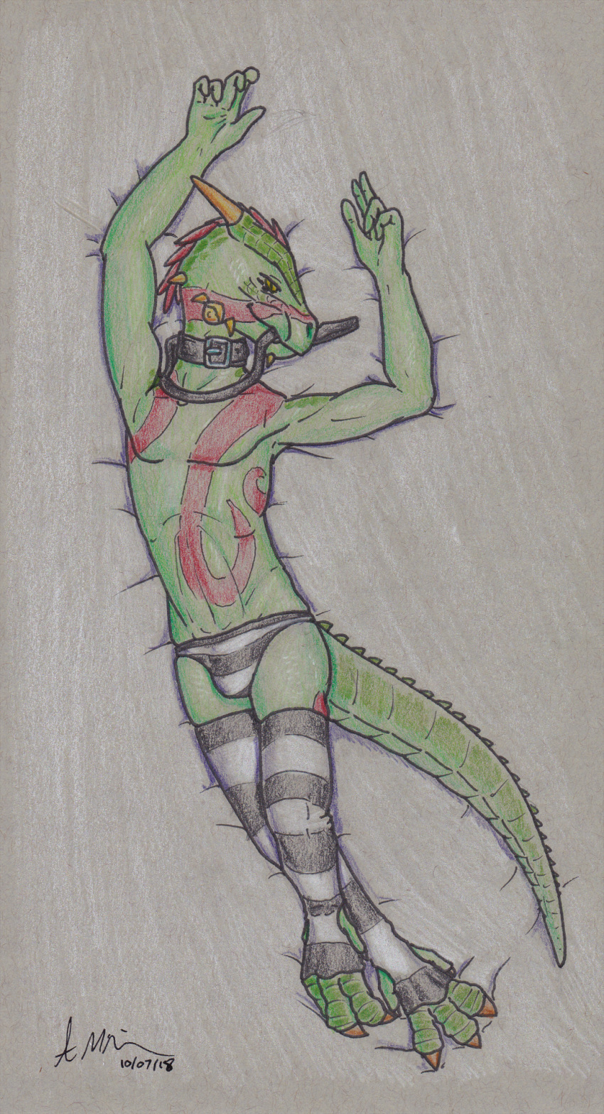 2018 argonian bedroom_eyes bodypaint broken_horn clothed clothing collar dakimakura_design digitigrade feathers green_scales half-closed_eyes hi_res horn leash leash_in_mouth legwear looking_at_viewer lying male mostly_nude panties red_feathers scales scalie seductive shows-his-scales simple_background slim socks solo stockings striped_legwear striped_panties striped_socks stripes the_elder_scrolls theandymac thick_tail thigh_highs topless traditional_media_(artwork) underwear video_games yellow_eyes