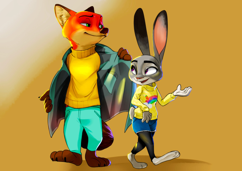 2017 anthro barefoot canine claws clothed clothing dipstick_ears disney duo female fox fur gradient_background green_eyes inner_ear_fluff jacket judy_hopps lagomorph looking_back male mammal multicolored_fur nick_wilde pants purple_eyes rabbit shorts simple_background size_difference sweater toe_claws two_tone_fur walking zigrock001 zootopia
